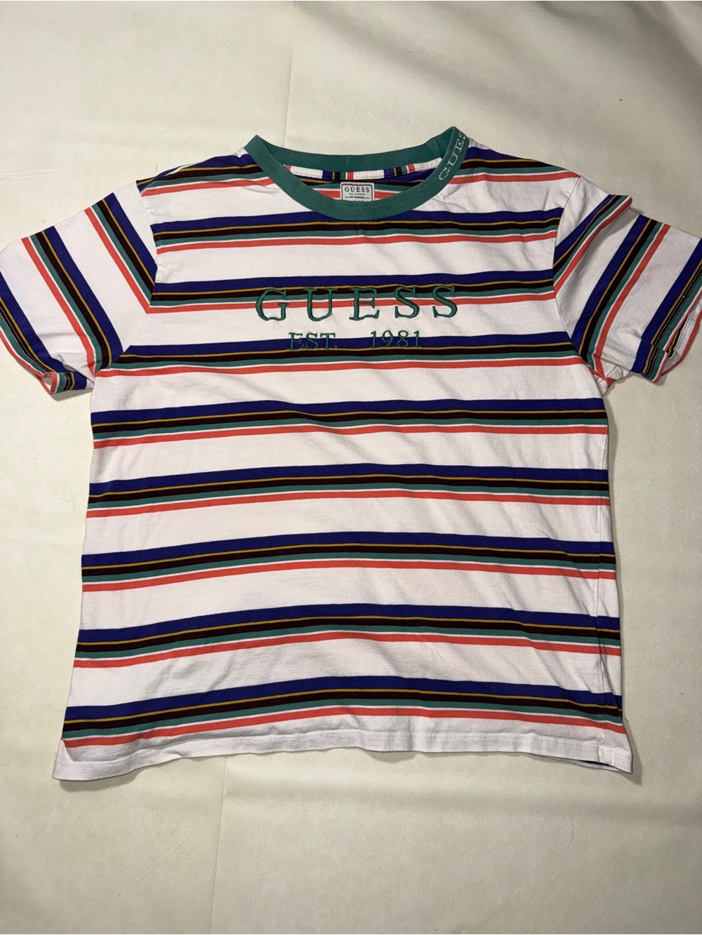 GUESS White Striped Short-Sleeve Tee with Green Logo